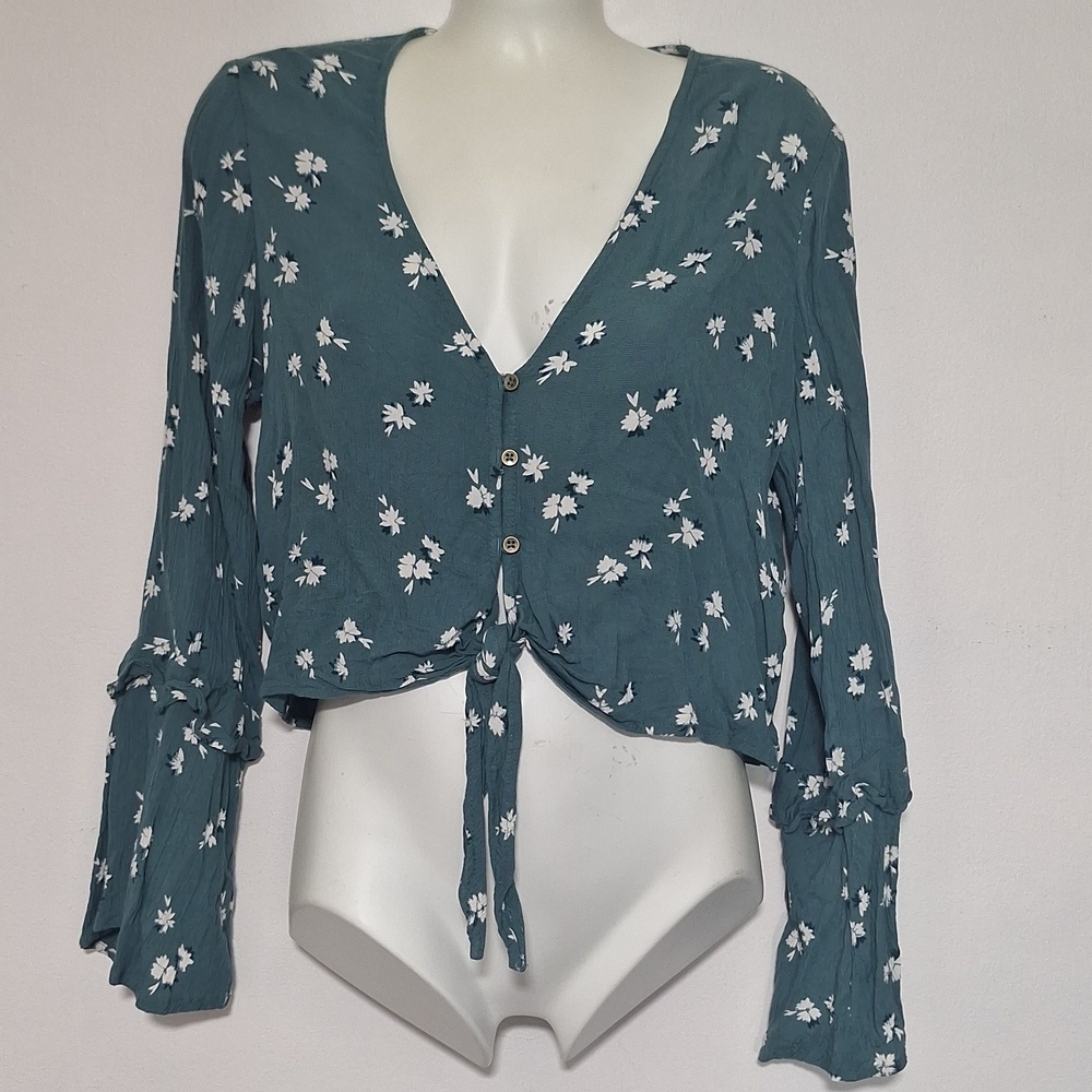 Billabong Teal Floral Button-Up Long Sleeve Blouse